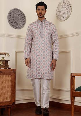 Cream Woven Viscose Kurta Pyjama Set For Men
