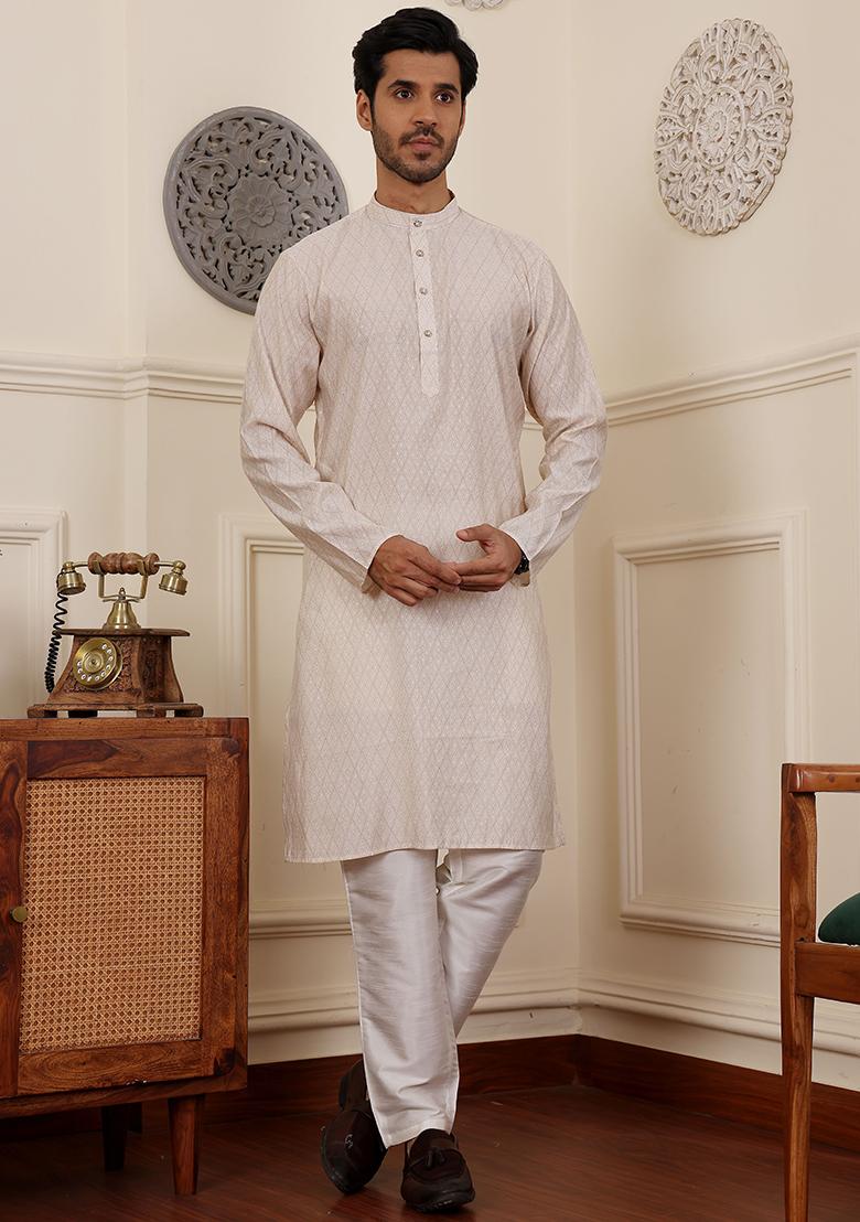 White Woven Modal Silk Kurta Pyjama Set For Men