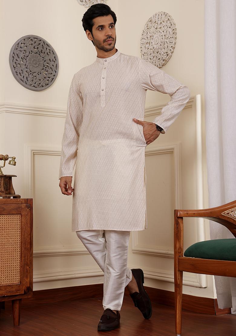 White Woven Modal Silk Kurta Pyjama Set For Men