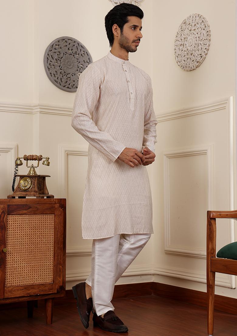 White Woven Modal Silk Kurta Pyjama Set For Men