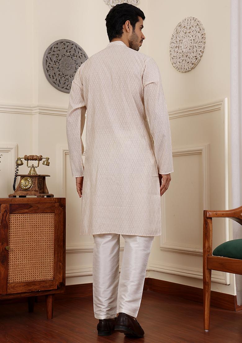 White Woven Modal Silk Kurta Pyjama Set For Men