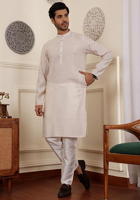 White Woven Modal Silk Kurta Pyjama Set For Men