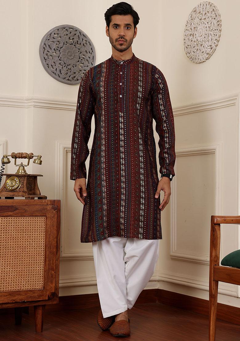 Multicolor Woven Modal Silk Kurta Pyjama Set For Men
