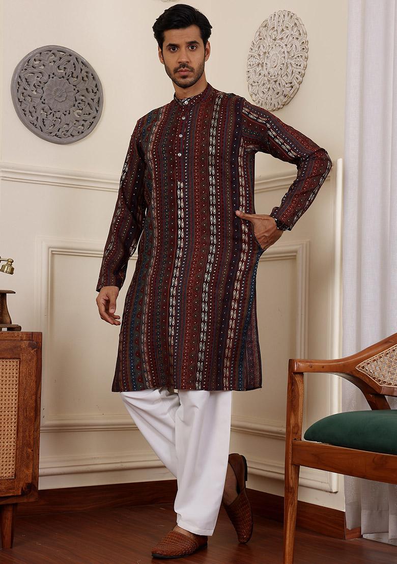 Multicolor Woven Modal Silk Kurta Pyjama Set For Men