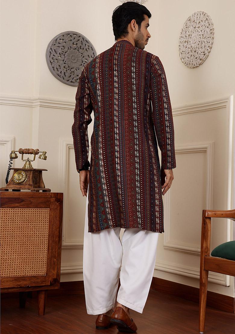 Multicolor Woven Modal Silk Kurta Pyjama Set For Men