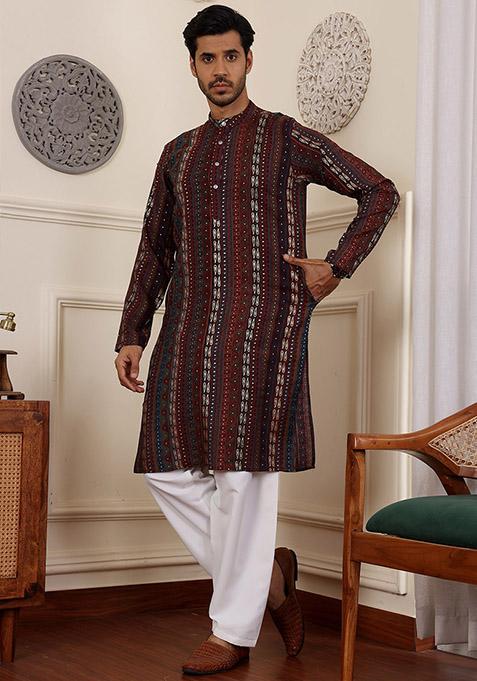 Multicolor Woven Modal Silk Kurta Pyjama Set For Men