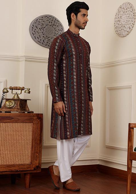 Multicolor Woven Modal Silk Kurta Pyjama Set For Men
