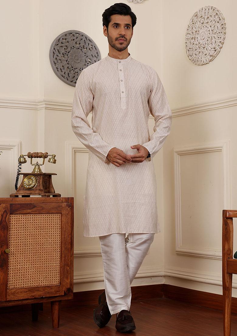 White Woven Modal Silk Kurta Pyjama Set For Men
