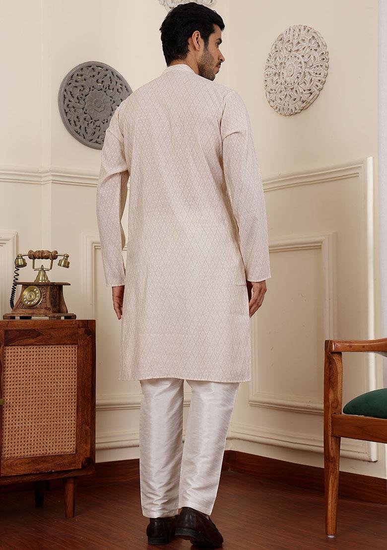 White Woven Modal Silk Kurta Pyjama Set For Men