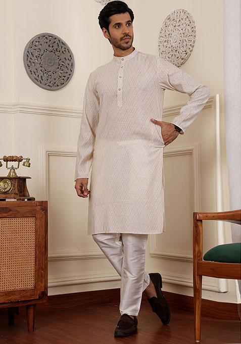 White Woven Modal Silk Kurta Pyjama Set For Men