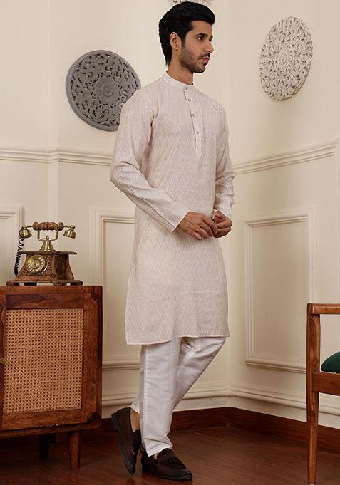 White Woven Modal Silk Kurta Pyjama Set For Men