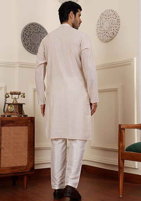 White Woven Modal Silk Kurta Pyjama Set For Men