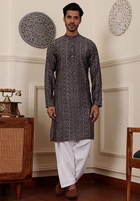Blue Woven Modal Silk Kurta Pyjama Set For Men