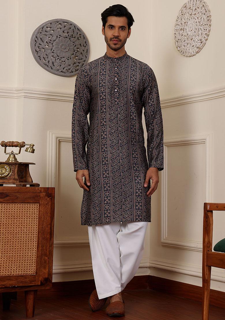 Blue Woven Modal Silk Kurta Pyjama Set For Men