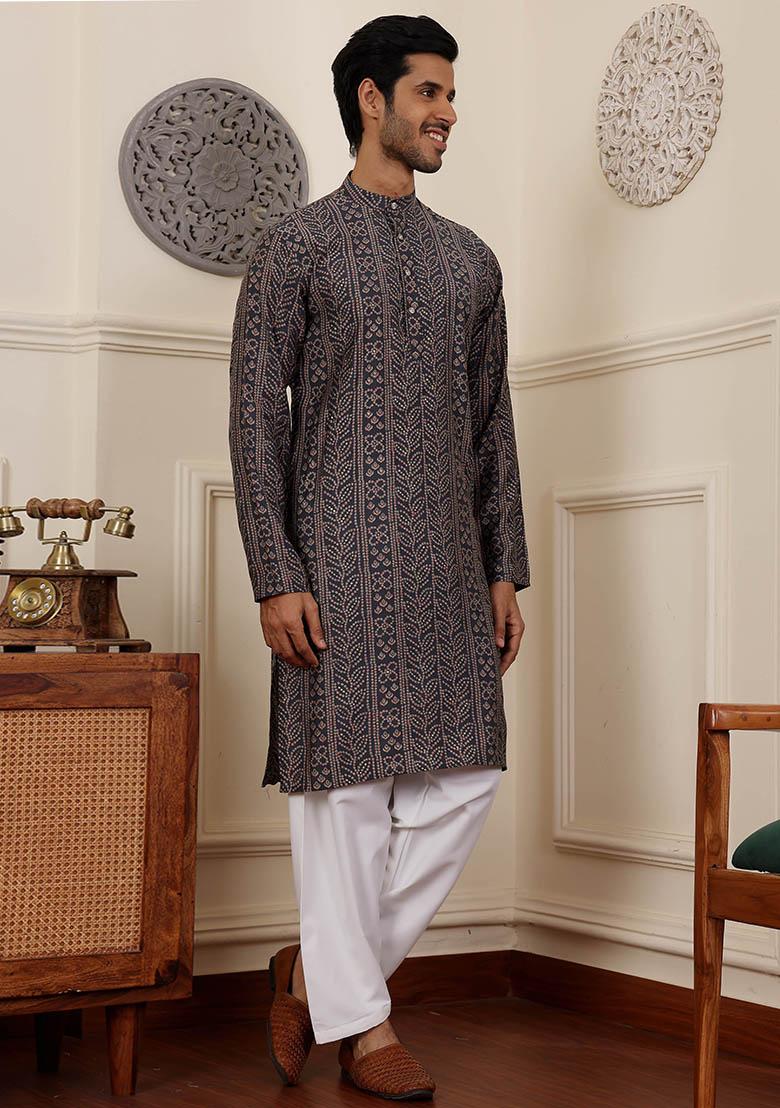 Blue Woven Modal Silk Kurta Pyjama Set For Men