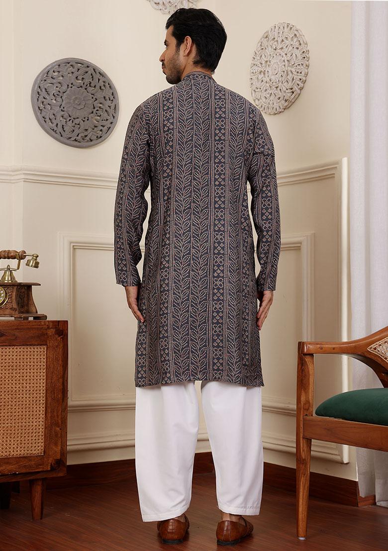 Blue Woven Modal Silk Kurta Pyjama Set For Men
