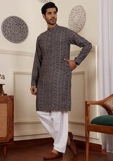 Blue Woven Modal Silk Kurta Pyjama Set For Men