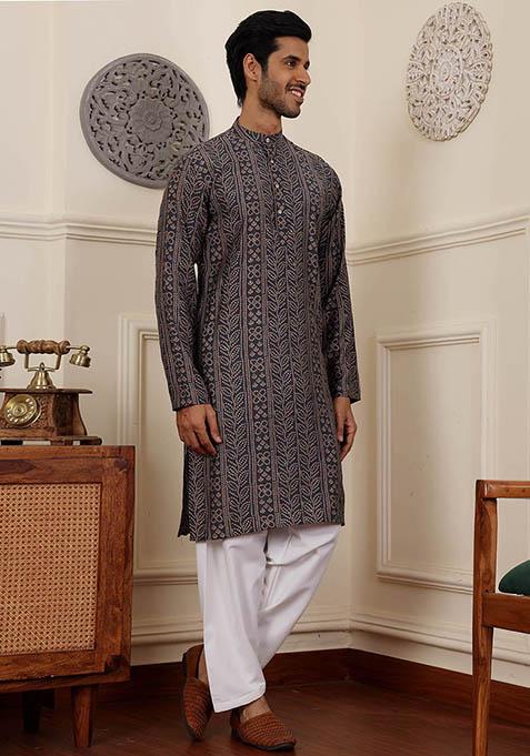 Blue Woven Modal Silk Kurta Pyjama Set For Men