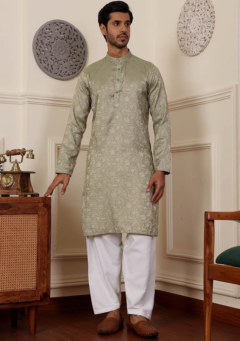 Pista Green Woven Viscose Kurta Pyjama Set For Men