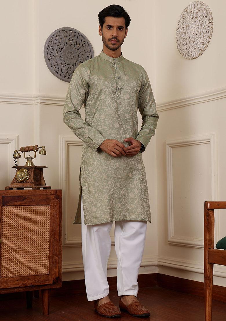 Pista Green Woven Viscose Kurta Pyjama Set For Men