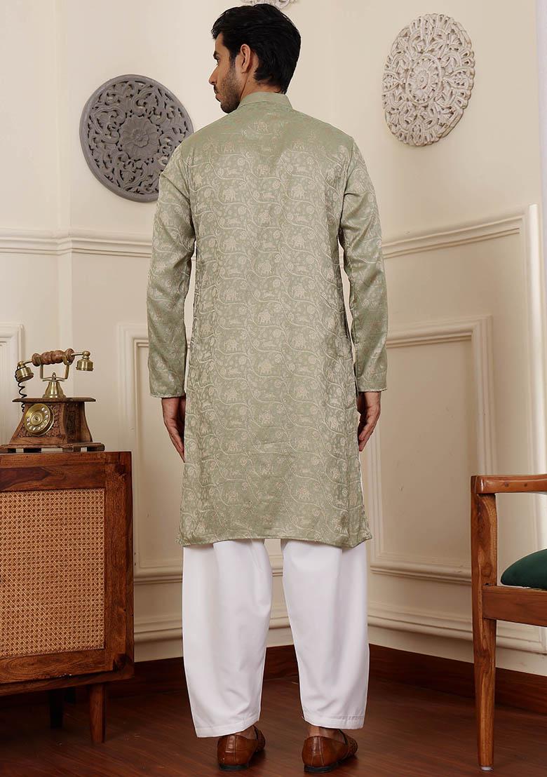 Pista Green Woven Viscose Kurta Pyjama Set For Men