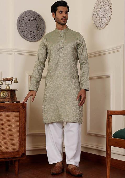 Pista Green Woven Viscose Kurta Pyjama Set For Men
