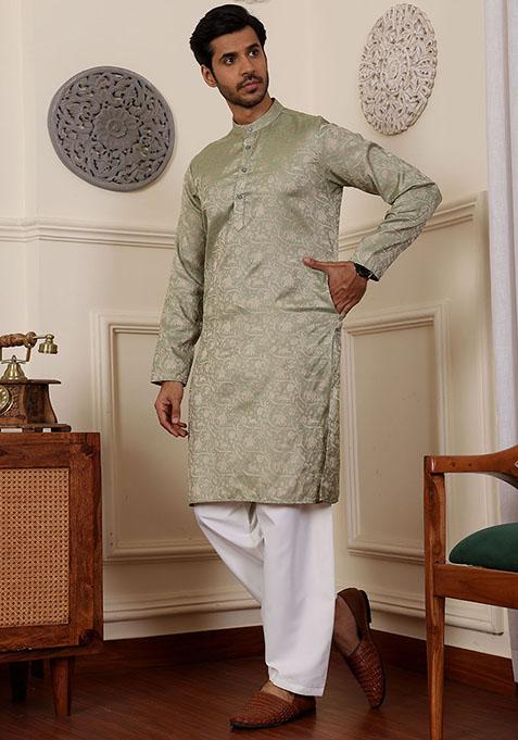 Pista Green Woven Viscose Kurta Pyjama Set For Men