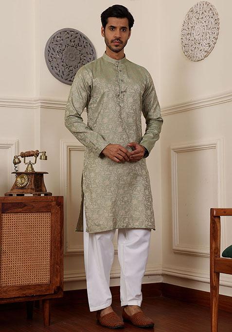 Pista Green Woven Viscose Kurta Pyjama Set For Men