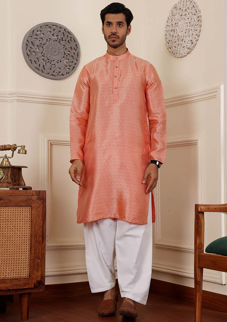 Orange Woven Viscose Kurta Pyjama Set For Men