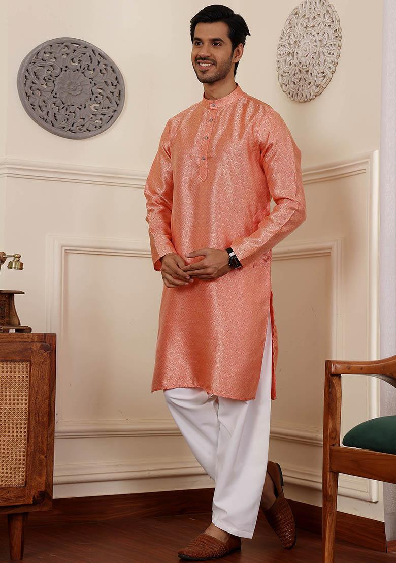 Orange Woven Viscose Kurta Pyjama Set For Men