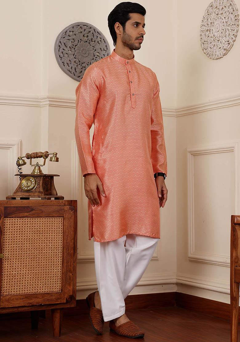 Orange Woven Viscose Kurta Pyjama Set For Men