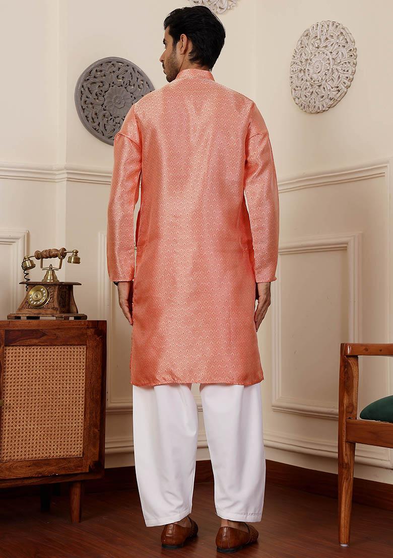 Orange Woven Viscose Kurta Pyjama Set For Men