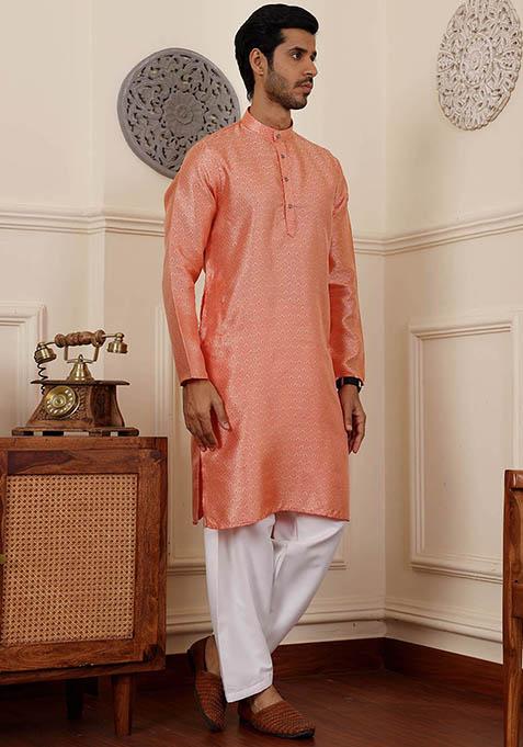 Orange Woven Viscose Kurta Pyjama Set For Men