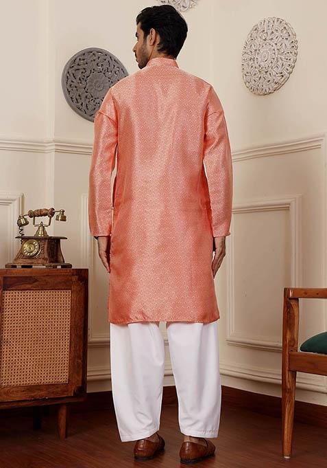 Orange Woven Viscose Kurta Pyjama Set For Men
