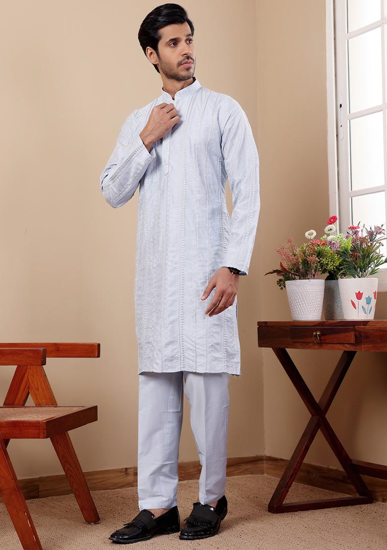 Light Blue Embroidered Silk Kurta Pyjama Set For Men