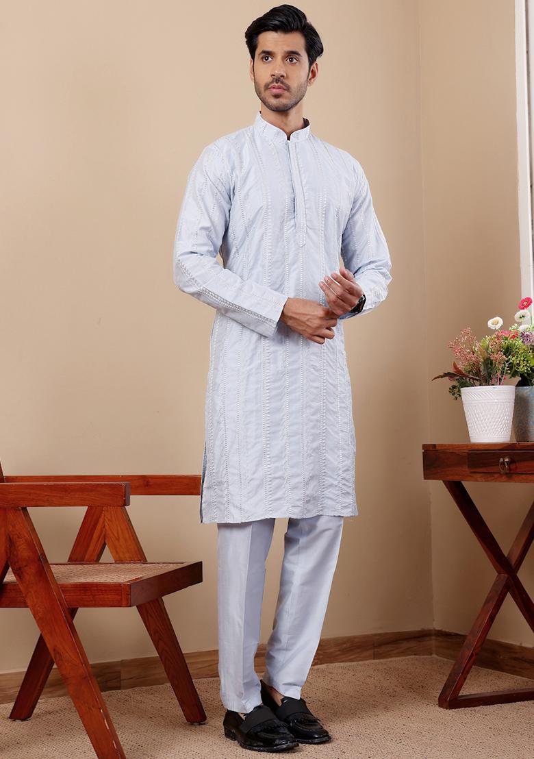Light Blue Embroidered Silk Kurta Pyjama Set For Men