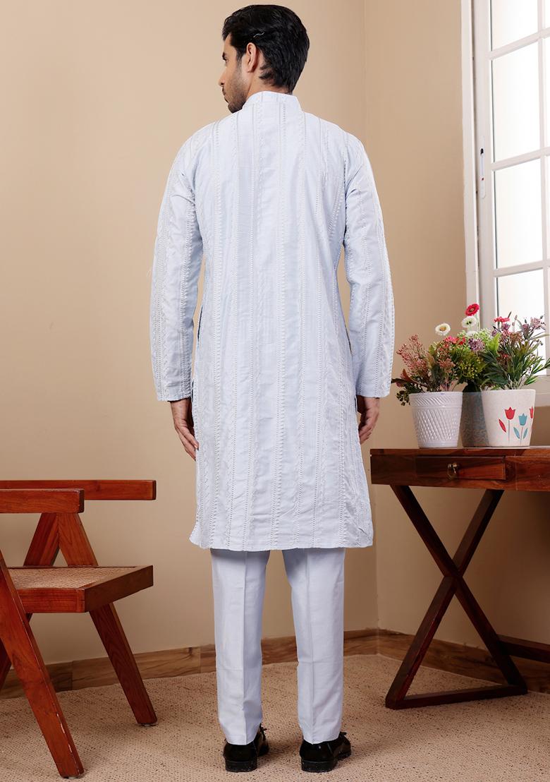 Light Blue Embroidered Silk Kurta Pyjama Set For Men