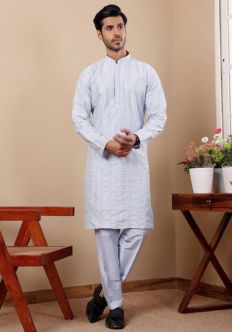 Light Blue Embroidered Silk Kurta Pyjama Set For Men