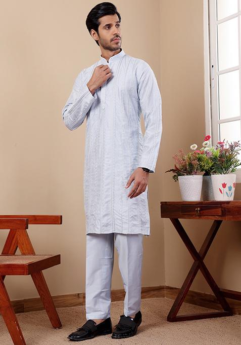 Light Blue Embroidered Silk Kurta Pyjama Set For Men