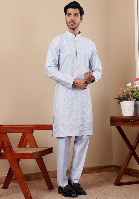 Light Blue Embroidered Silk Kurta Pyjama Set For Men