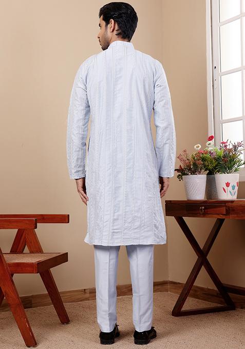 Light Blue Embroidered Silk Kurta Pyjama Set For Men