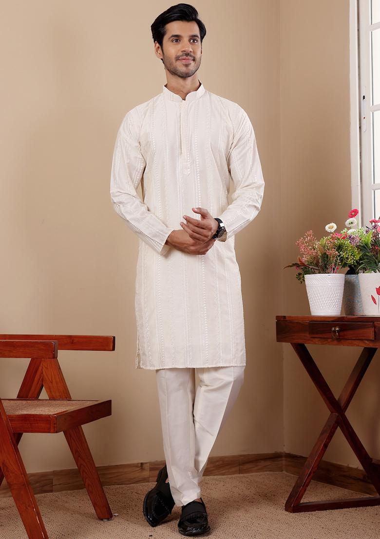 Off White Embroidered Silk Kurta Pyjama Set For Men