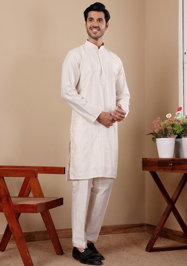 Off White Embroidered Silk Kurta Pyjama Set For Men