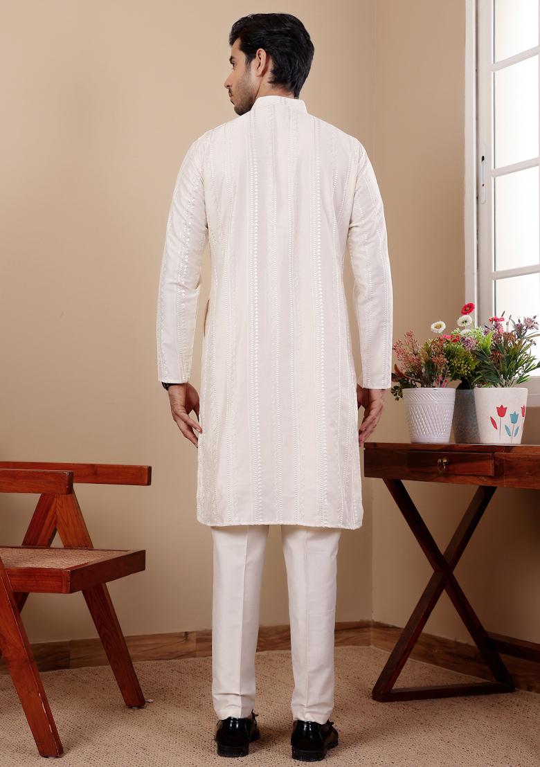 Off White Embroidered Silk Kurta Pyjama Set For Men