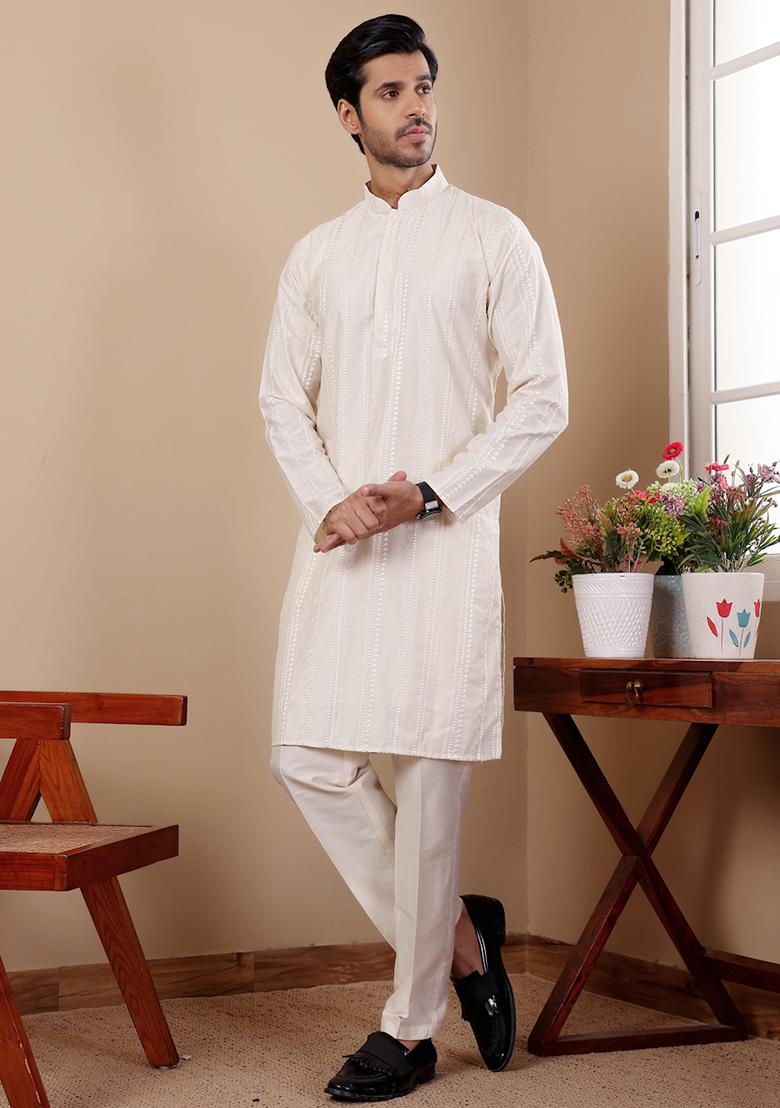 Off White Embroidered Silk Kurta Pyjama Set For Men