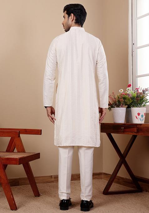 Off White Embroidered Silk Kurta Pyjama Set For Men