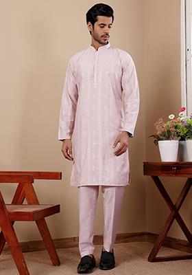 Light Pink Embroidered Silk Kurta Pyjama Set For Men