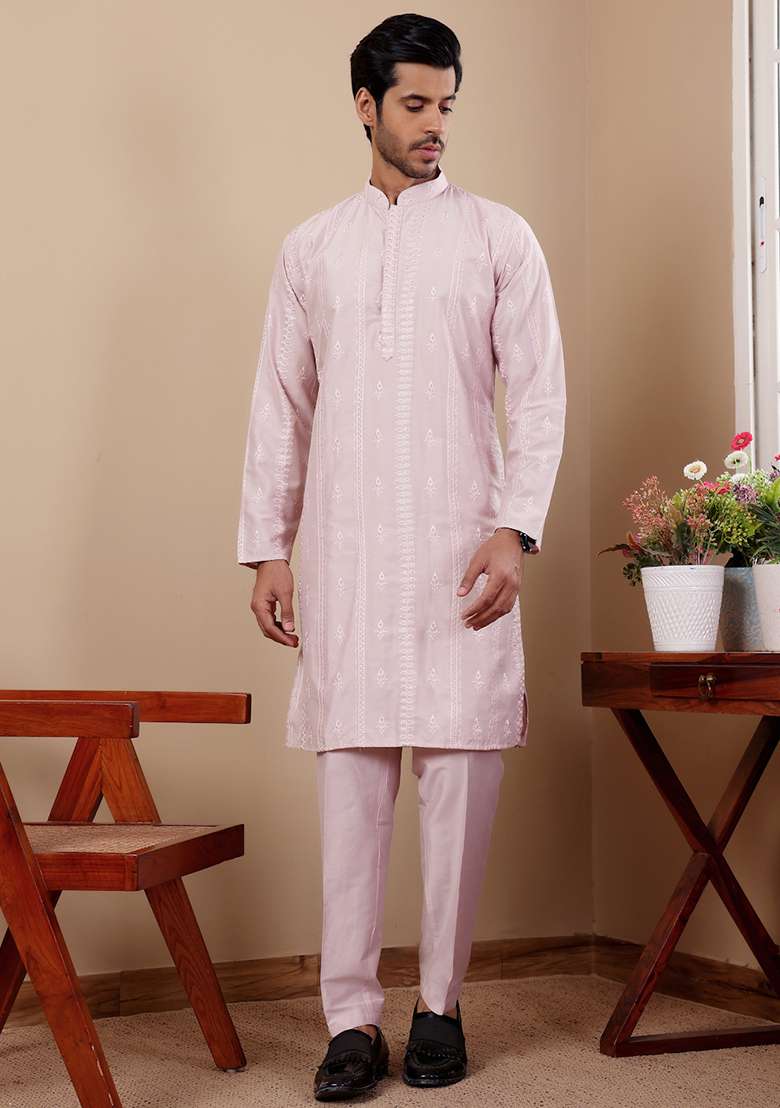 Light Pink Embroidered Silk Kurta Pyjama Set For Men - Indya