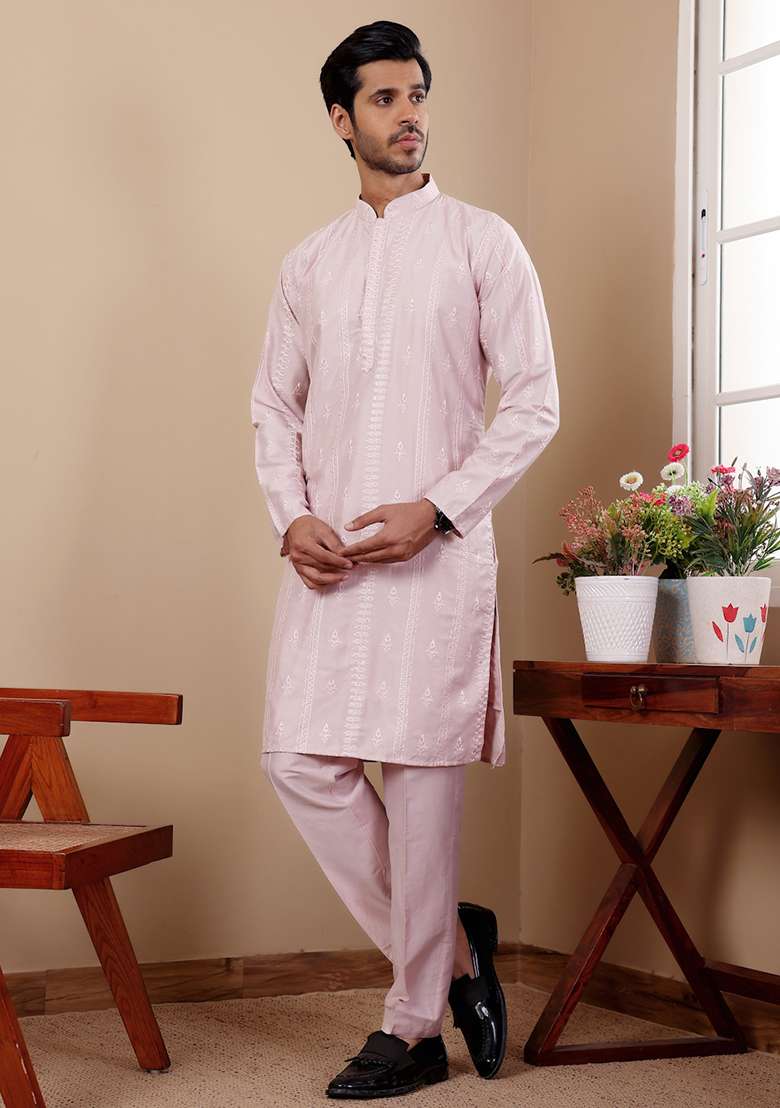 Light Pink Embroidered Silk Kurta Pyjama Set For Men - Indya