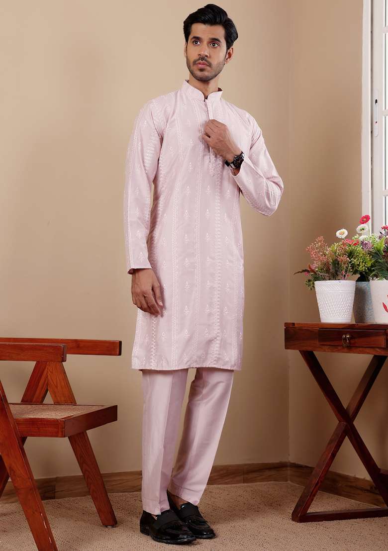 Light Pink Embroidered Silk Kurta Pyjama Set For Men - Indya